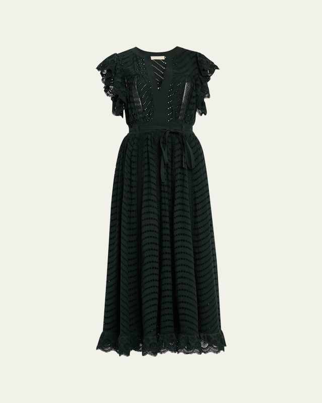 Olga Eyelet Flutter-Sleeve Midi Dress